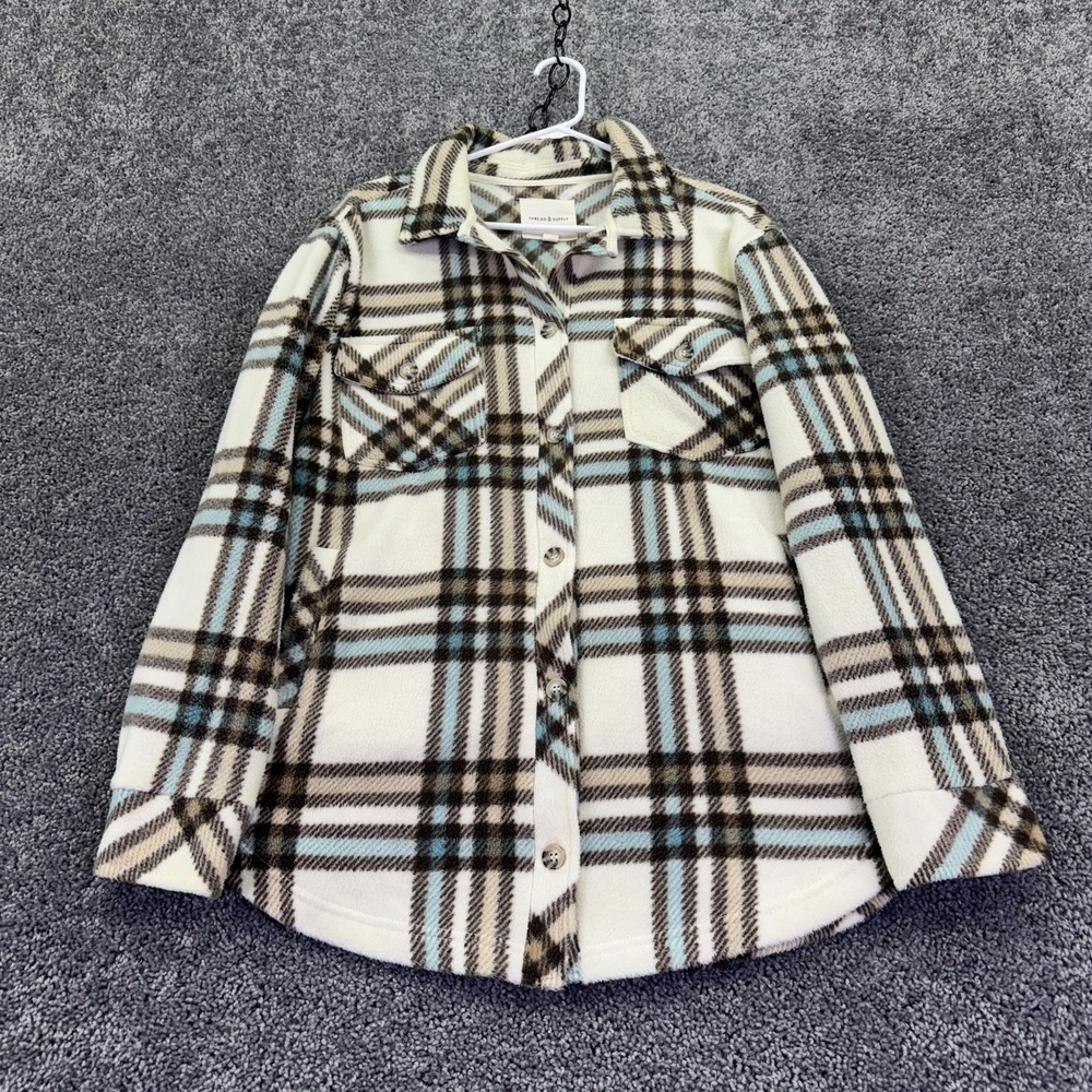 Thread & Supply Shirt Womens Medium White Plaid Fleece Button Shacket Casual